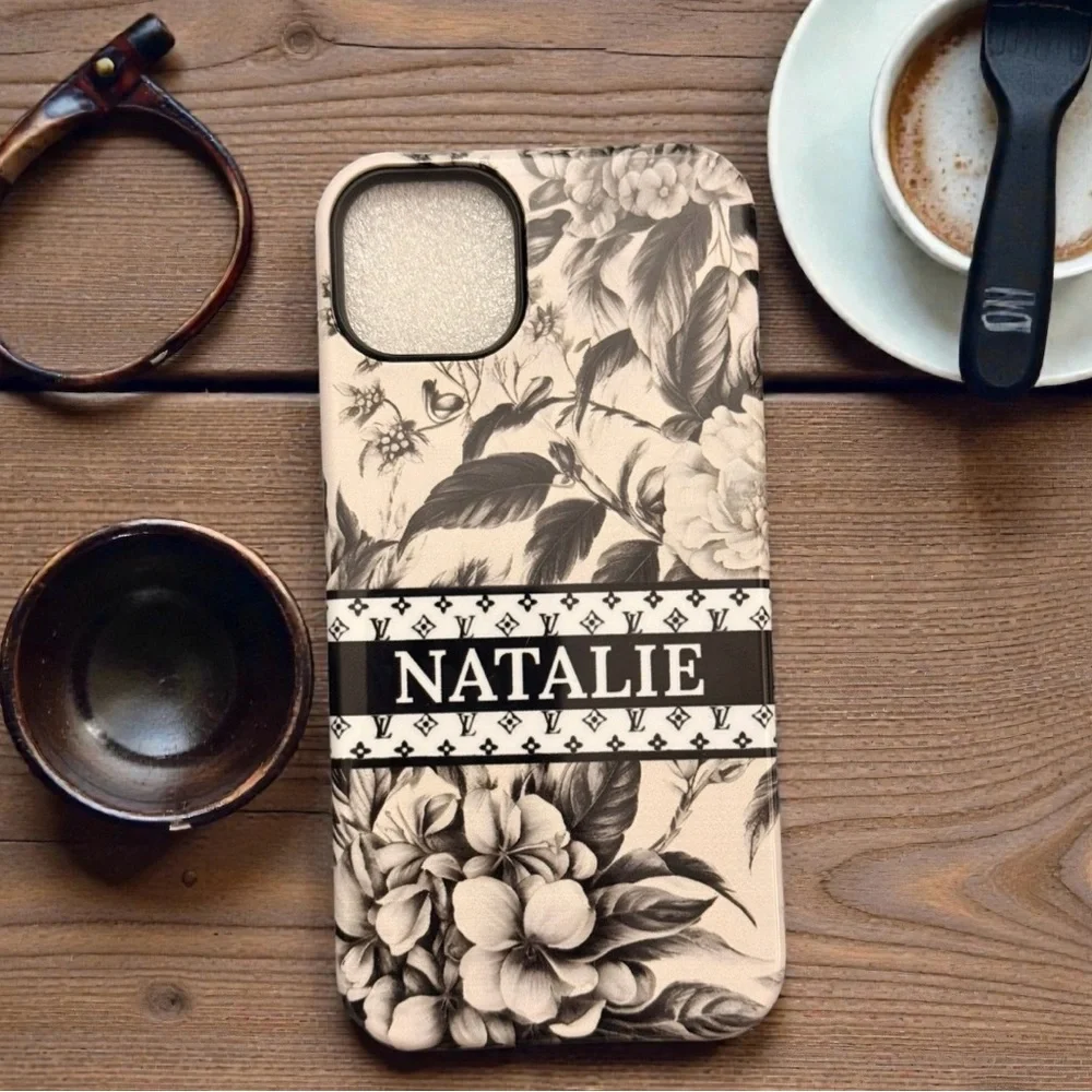 2 in 1 Personalized Floral‎ Black and Ivory Toile Phone Case